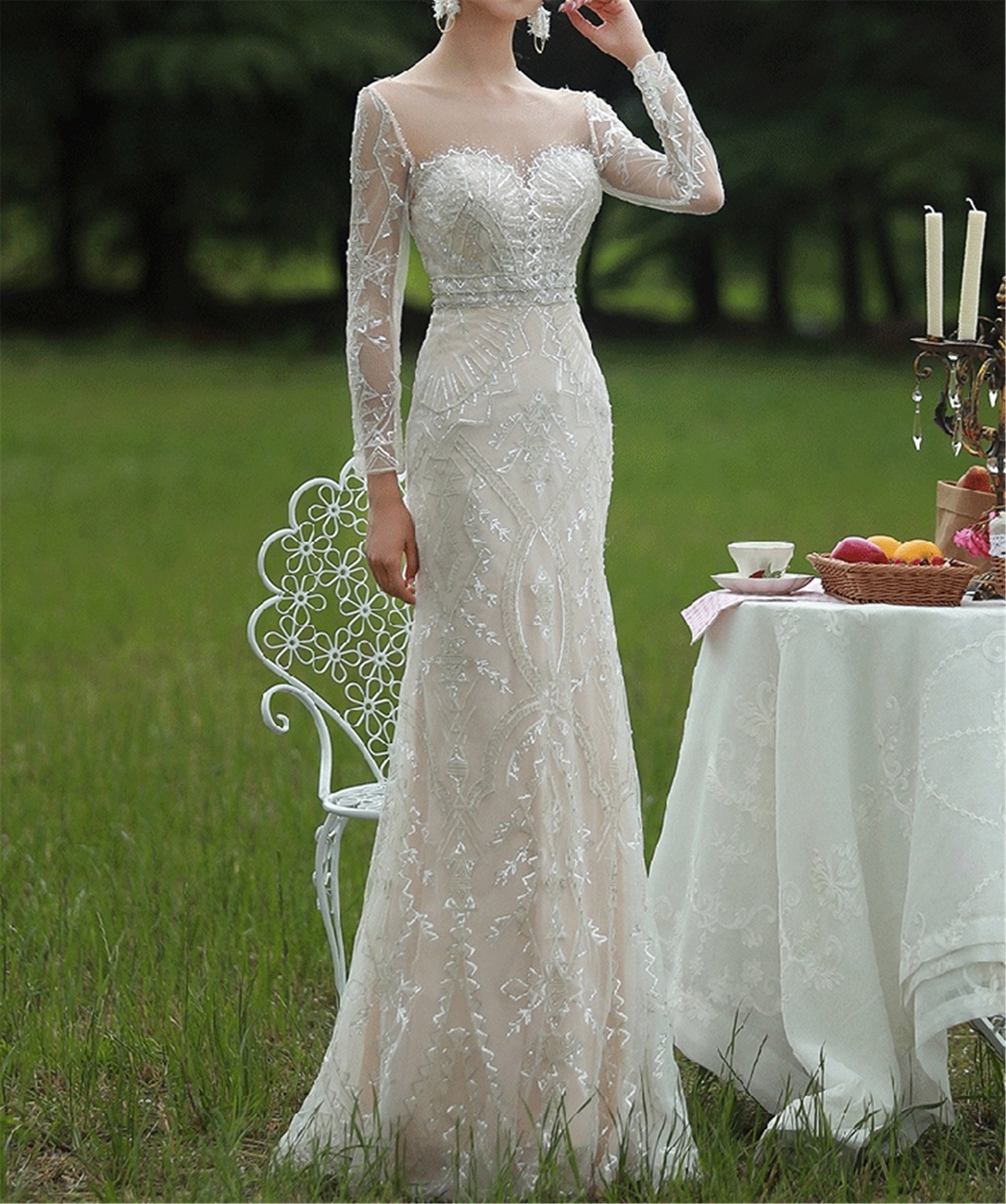 Wedding Dress Long Sleeves Mermaid Bridal Gowns Lace Bride Dresses Wedding Gown with Belt 