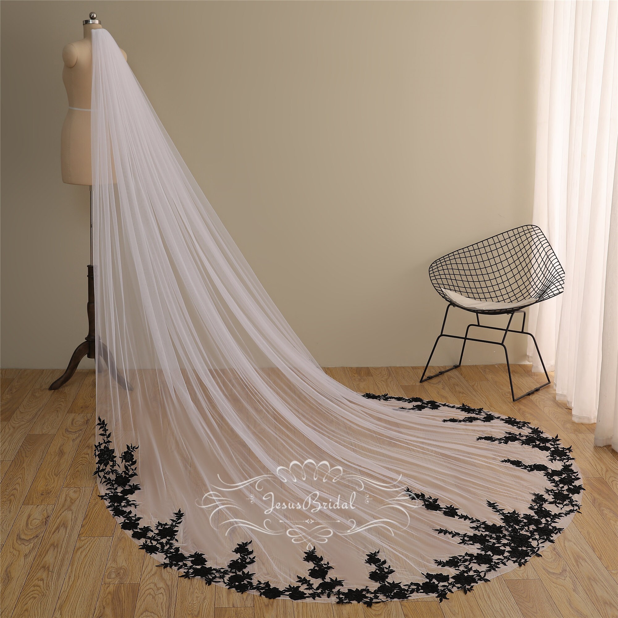 Ivory Wedding Veil With Black Lace Appliqueslong Etsy