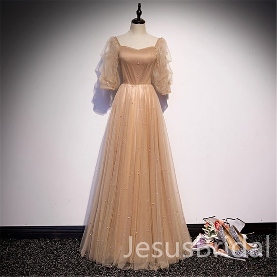 Buy Champagne Gold Square Neck Illusion Prom Dress Gown Online in India -  Etsy