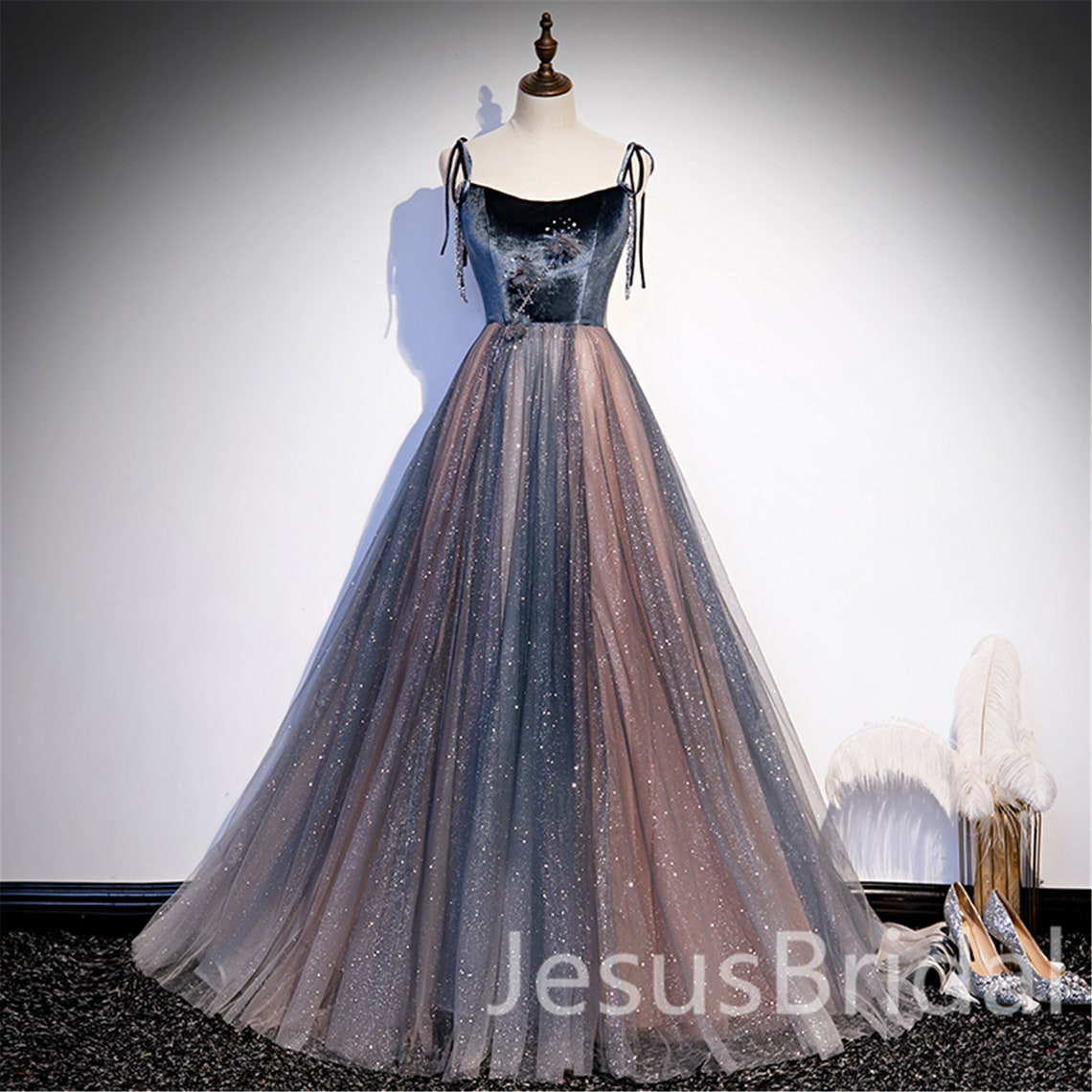 Navy Pink Gradient Straps Prom Dress Gown Wedding Dress Sweep image 1