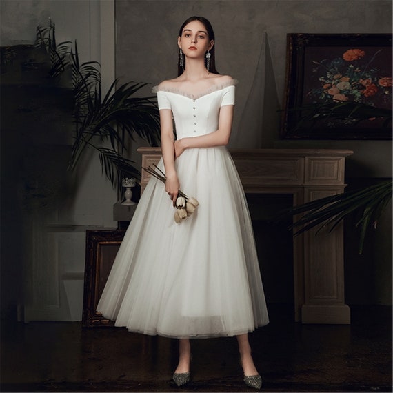 White Satin off Shoulder Tea Length Wedding Dress Vintage - Etsy