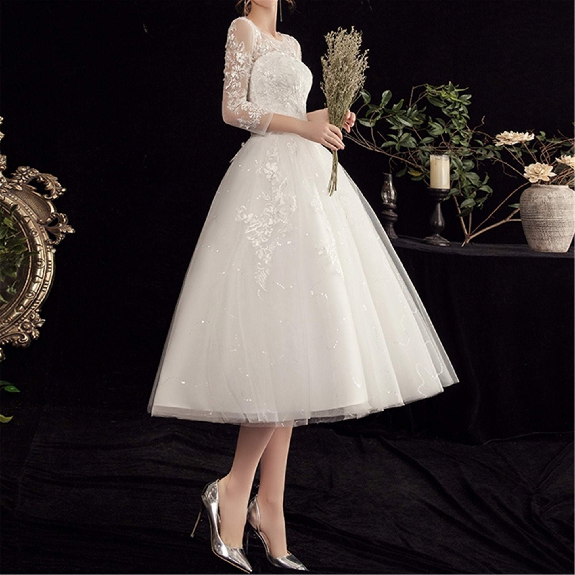 Womens Long Sleeves Short Tea Length Wedding Dress Bridal Gown Womens Long Sleeves Short Tea Length Wedding Dress Bridal Gown