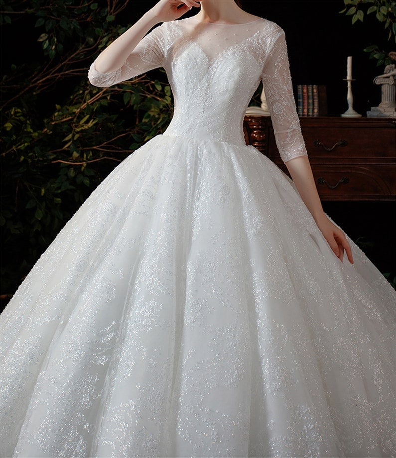 Shiny White Wedding Dress With Sleevesapplique Bridal Dress - Etsy