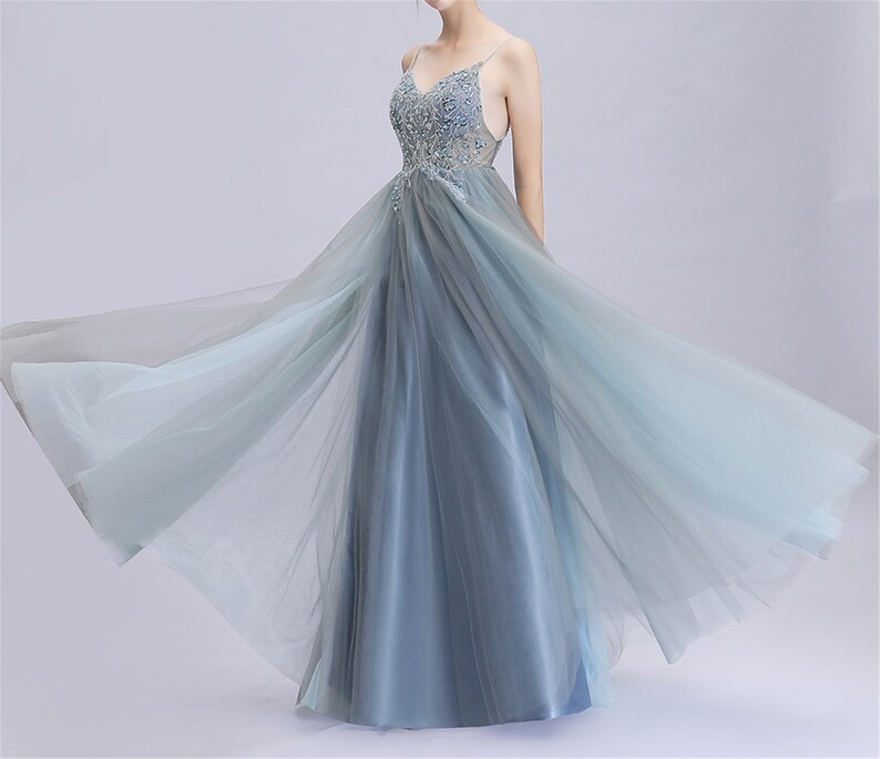 Dusty Blue Satin Tulle Prom Dress Straps Applique Beading Long Party Dress Evening Dress Gown Bridesmaid Dress Graduation Dress For Girl