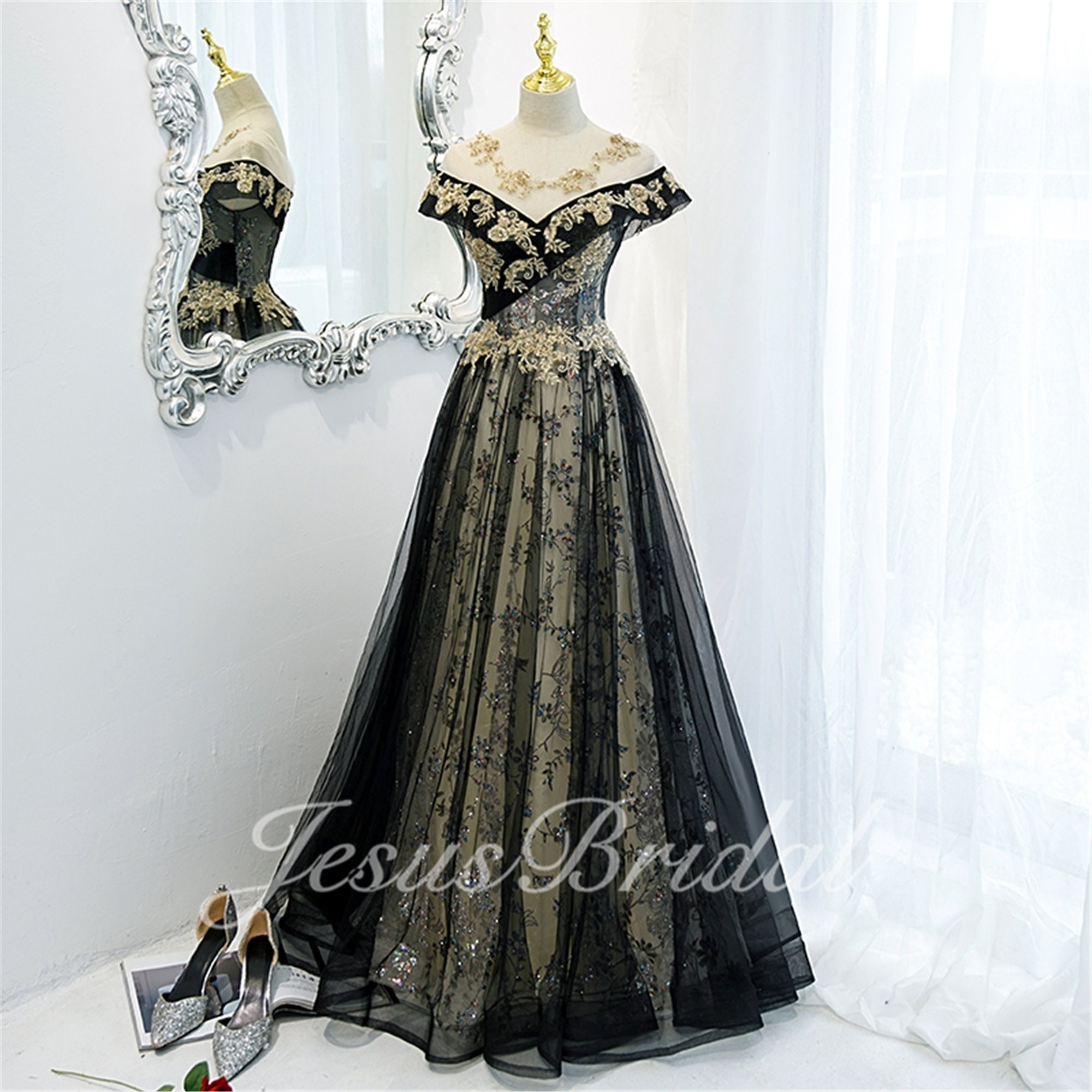 black shiny prom dress