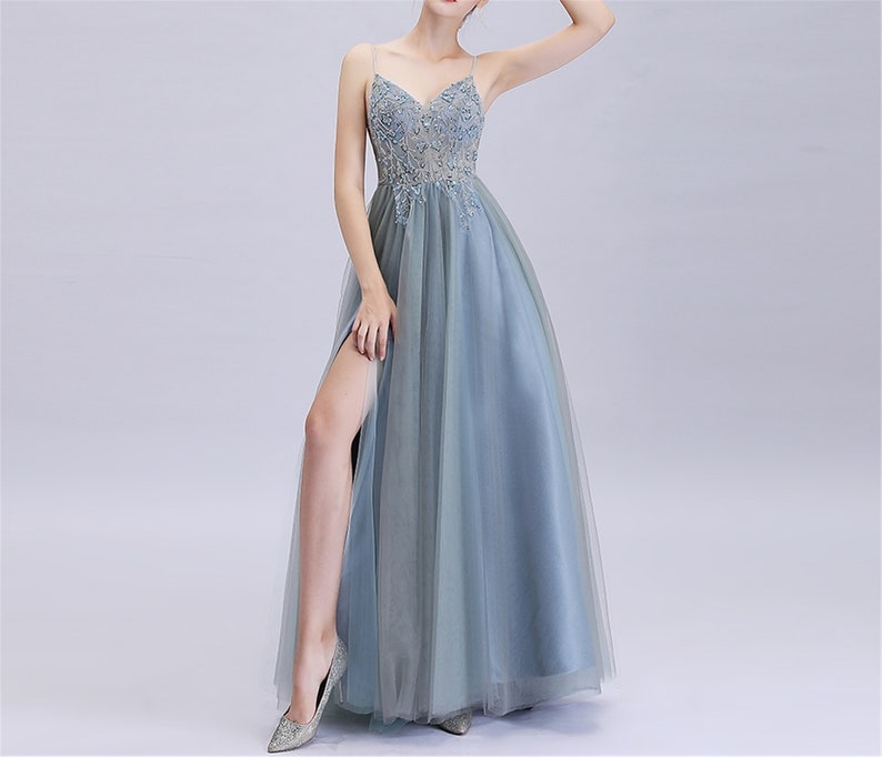 Dusty Blue Satin Tulle Prom Dress Straps Applique Beading Long Party Dress Evening Dress Gown Bridesmaid Dress Graduation Dress For Girl
