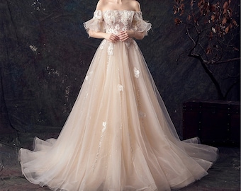 Champagne off Shoulder Wedding Dress 