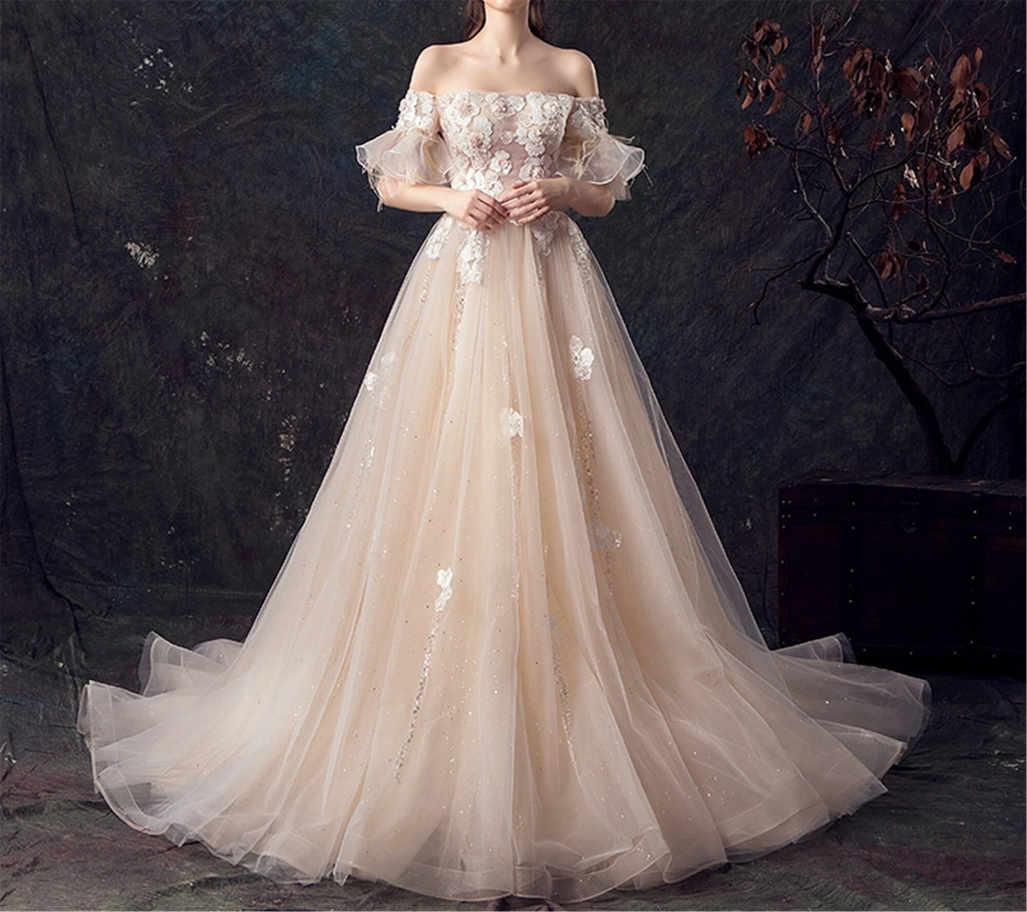 Champagne off Shoulder Wedding Dress 