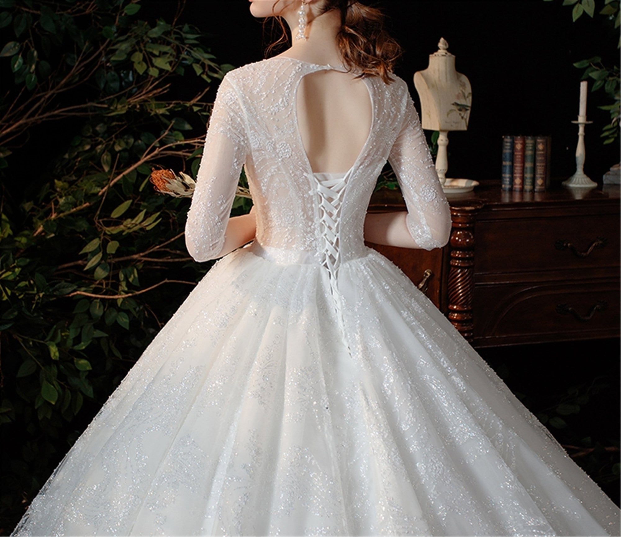 Shiny White Wedding Dress With Sleevesapplique Bridal Dress Etsy