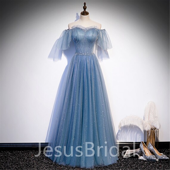 Blue off Shoulder Prom Dress 