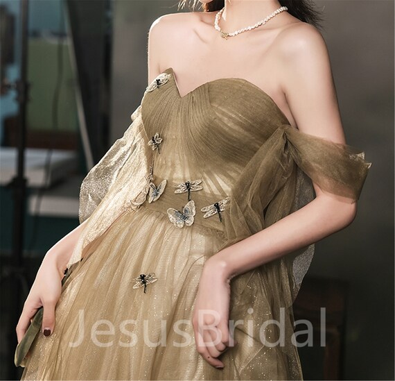 Olive Green off Shoulder Prom Dress 