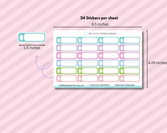 May include: A sheet of 24 stickers, each 1.5 inches long, with rounded corners and a colored border. The sheet is 6.5 inches wide and 4.25 inches tall. The stickers have a white interior and are bordered in blue, pink, and green. Text on the sheet reads "MY LITTLE PAPER GARDEN".