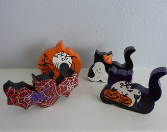 Set of 4 Wooden Hand Painted Halloween Decorations - 2 Cats, Pumpkin, Bat -Unique - Dot Painting - 2021 Table Cake Shelf Decor - Gift -