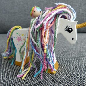 Unicorn and Rider Wooden Children's Play Set - Rainbow Multi Colored Unicorn - Open Ended Play - Hand Painted Keepsake - Bedroom Decor pink