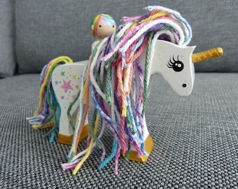 Hand Painted Wooden Unicorn and Rider Play Set. Custom orders welcome.