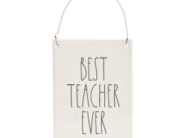 Rae Dunn Ceramic 'BEST TEACHER EVER' Wall Sign Plaque. Shape Off-White. Font Letters Vintage Look