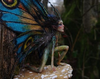 Miniature Fantasy Fairy Moth Pixie Art Doll On Magical Mushroom Wall Art Sculpture