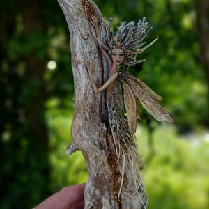 May include: A handcrafted figurine of a forest spirit with a pale face and dark eyes, featuring textured brown wings and a crown of twigs, attached to a piece of weathered driftwood. The figure has long, thin arms and a root-like lower body.