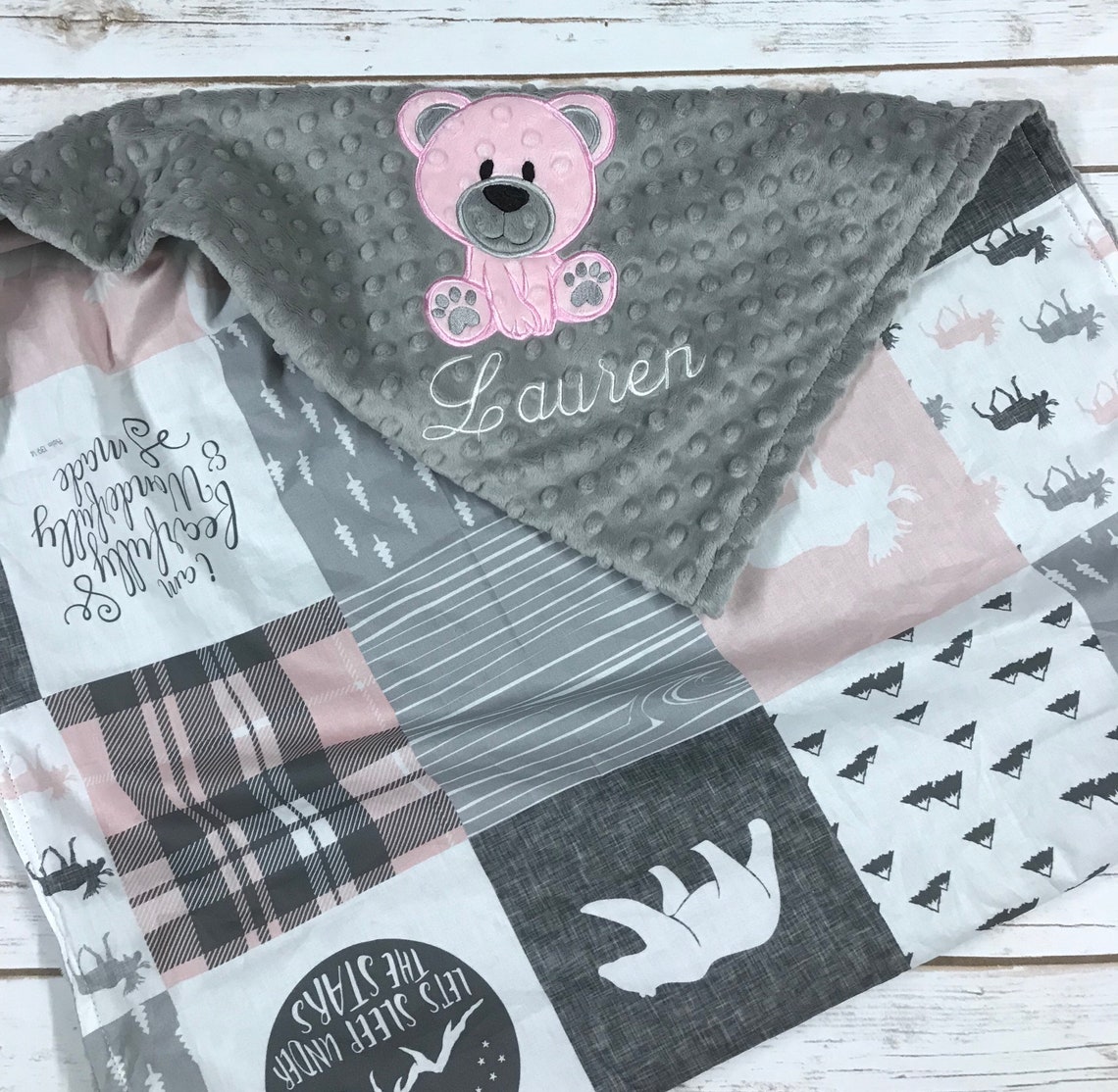 Teddy Bear Minky Baby Blanket Personalized Woodland Baby Etsy