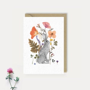 Carte de voeux lièvre // Fleurs de Cornouailles pressées