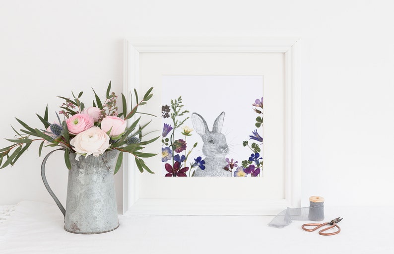 Rabbit portrait Pressed flower illustration Giclée fine art print image 4