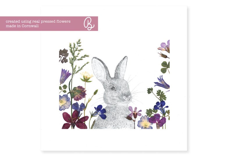 Rabbit portrait Pressed flower illustration Giclée fine art print image 3