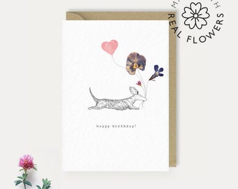 Happy Birthday // Dachshund Birthday card // Made with real pressed flowers