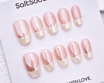 Simple Handmade Press On Nails: Glossy Light Pink, Short Oval, White French Tip