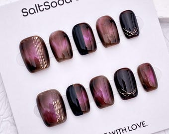 Modern Handmade Press On Nails: Purple Brown Tie Dye, Short Square