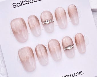 Crystal Handmade Press On Nails: Nude Cat Eye, Short Oval, White French Tip