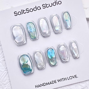 Glitter Seashell Handmade Press On Nails: Blue and Green, Medium Square