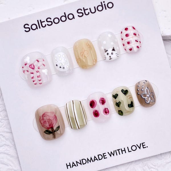 Hand Painted Flower Cat Handmade Press On Nails: Bright Colorful, Short Round
