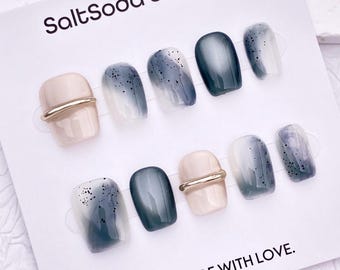 Simple Handmade Press On Nails: Blue Green Tie Dye, Short Square