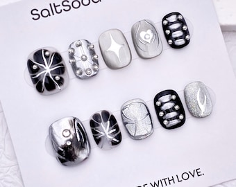 Gothic Star Handmade Press On Nails: Black Silver Cat Eye, Short Round