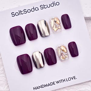 Glitter Crystal Press On Nails: Purple and Gold Short Square Nail Set