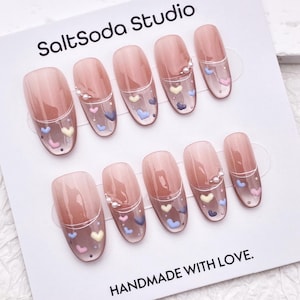 Kawaii Colorful Heart Light Pink Cat Eye French Tip Nail/Cute Oval Shape Nail/Handmade Press on Nail/Trendy Popular Valentine Nail