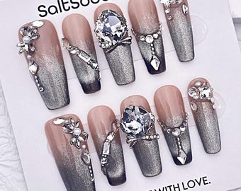 Crystal Handmade Press On Nails: Silver Black Cat Eye French Tip,Extra Long Coffin