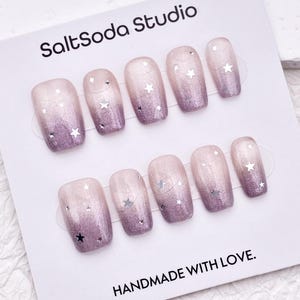 Glitter Star Press On Nails: Ombre Pink Purple Cat Eye, Y2k Style