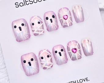 Geist-Halloween-Handgefertigte Presse auf den Nägeln: Aurora Pink, Short Square
