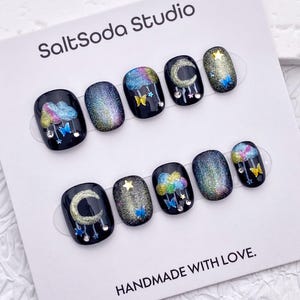 Colorful Rainbow Handmade Press On Nails: Glitter Black Cat Eye, Short Round