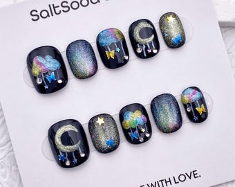 Colorful Rainbow Handmade Press On Nails: Glitter Black Cat Eye, Short Round