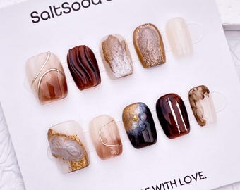 Brown Tie Dye Handmade Press On Nails: Short Square