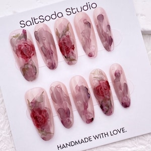 Handmade Rose Flower Press On Nails: Pink Tie Dye Almond Nails