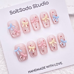 Kawaii Colorful Bow Polka Dot Nail/Light Pink Cat Eye Nail/Cute Medium Square Nail/Handmade Press on Nail/Lovely Party Birthday Nail