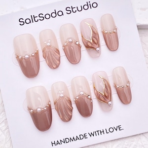 Glitter Mermaid Press On Nails: Pink Cat Eye French Tip, Handmade