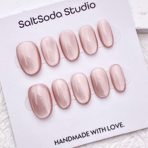 Light Pink Cat Eye Press On Nails: Short Oval, Handmade