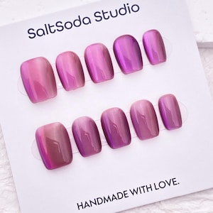 Purple Cat Eye Press On Nails: Short Square Handmade Gel Nails