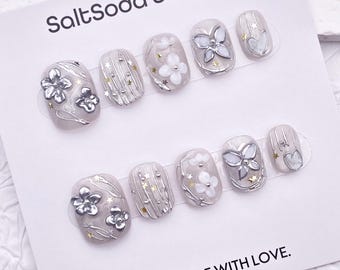 Silver Flower Butterfly Handmade Press On Nails: Short Round
