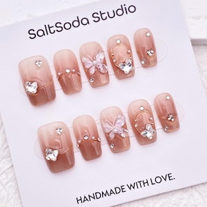 Glitter Crystal Butterfly Nail/Cute Medium Square Nail/Pink Cat Eye French Tip Nail/Handmade Press on Nail/Wedding Valentine Nail