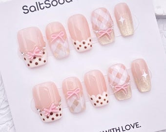 Bow Handmade Press On Nails: Pink Cat Eye, Medium Square, Dots Plaid French Tip